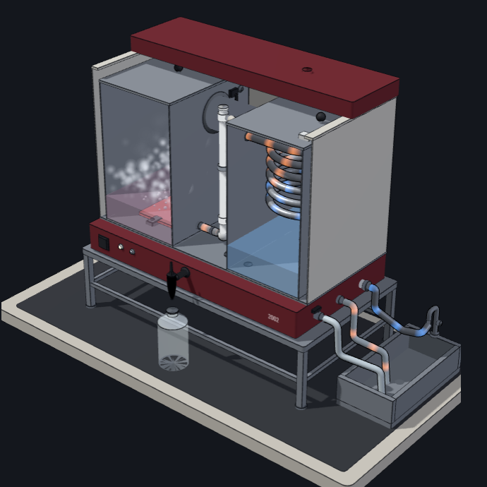 Destilador de agua GFL 2002 en 3D: caldera, serpentín, depósito y mangueras sobre su soporte.